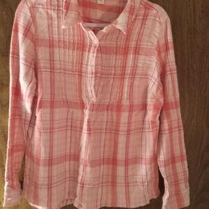 Coldwater Creek Pink and White Plaid Cotton Double Gauze Long Sleeve SzL